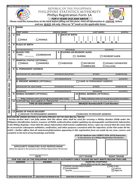 Philsys Registration Form 1A: For 5 Years Old and Above .
